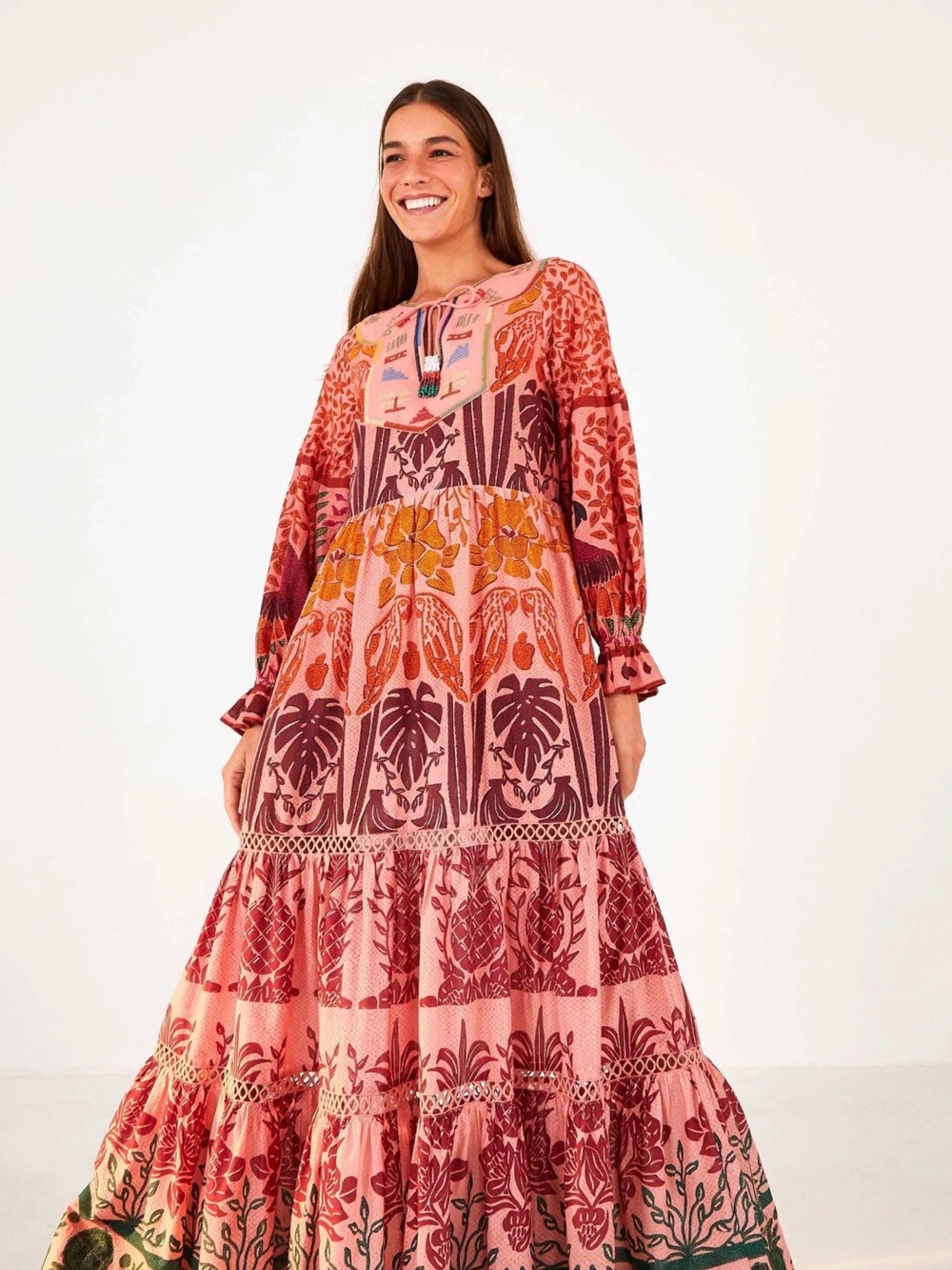 FARM Rio Anika Maxi Dress Pink and Coral Print with Embroidered Neckline - Small - Picture 6 of 7